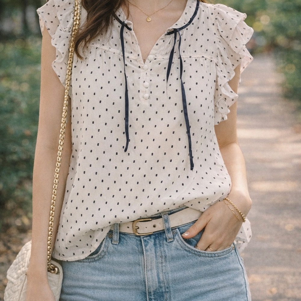 LOFT Cream Polka Dot Ruffle Tie-Neck Camisole